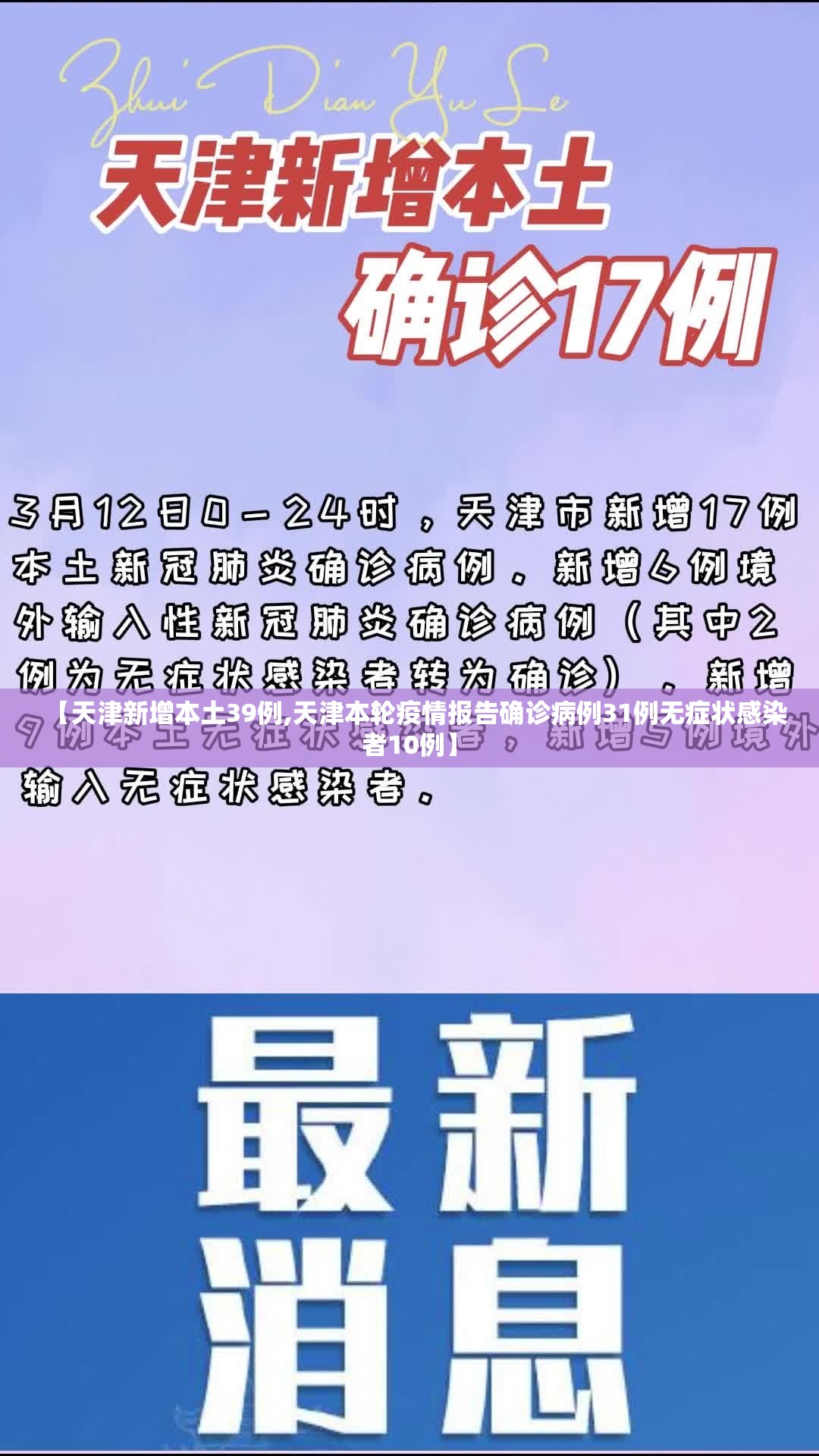 【天津新增本土39例,天津本轮疫情报告确诊病例31例无症状感染者10例】